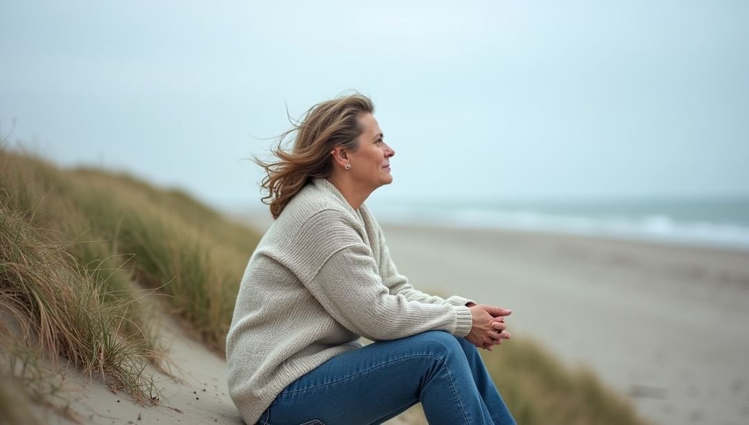 Vrouw zit rustig in de duinen en kijkt uit over het strand