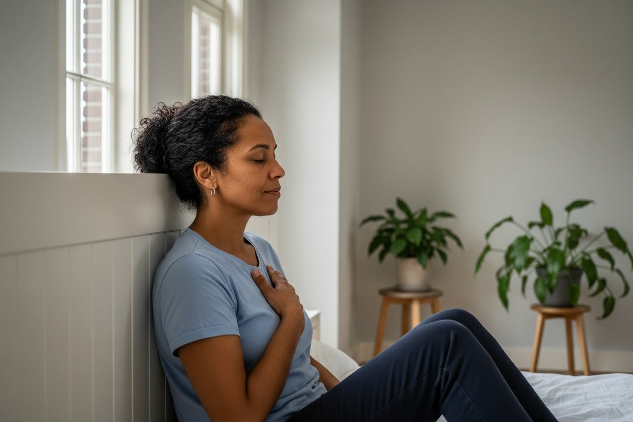 Vrouw zit ontspannen tegen de muur, hand op haar borst