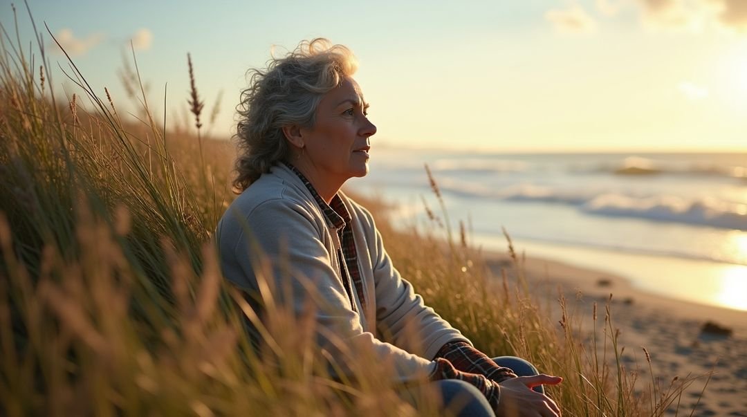 Vrouw zit in het duingras en geniet van de avondzon