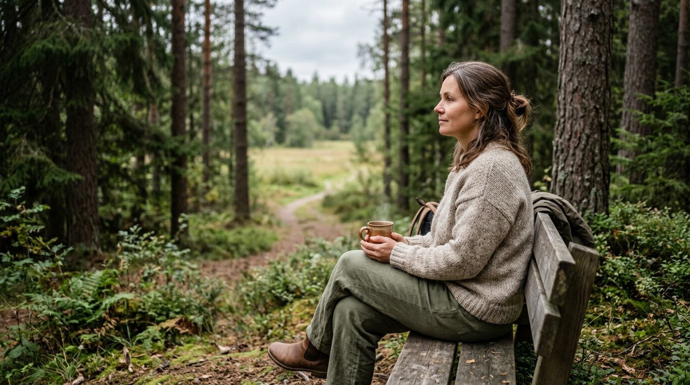 Vrouw neemt een momentje voor zichzelf op een bankje in het bos